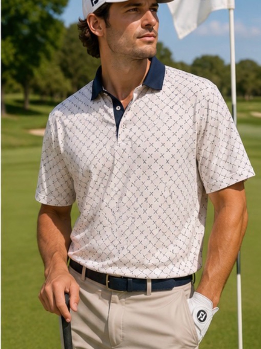 Men's White Polo with Navy Contrast Collar and Micro Pattern